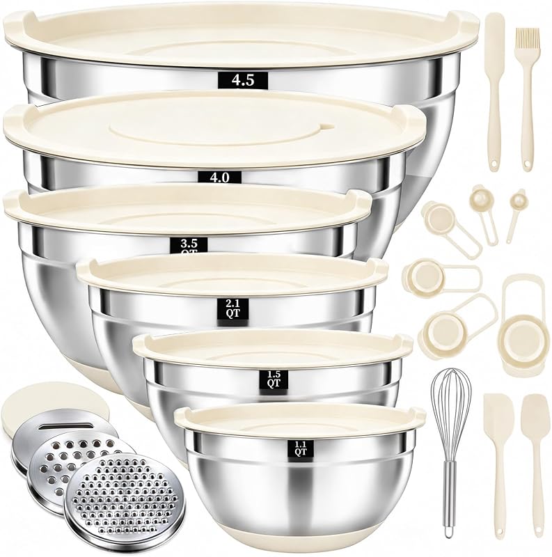 21 PCS Khaki Mixing Bowls with Lids Set, Size 4.5, 4, 3.5, 2.1, 1.5, 1.1 Quarts for Baking and Mixing, Stainl…