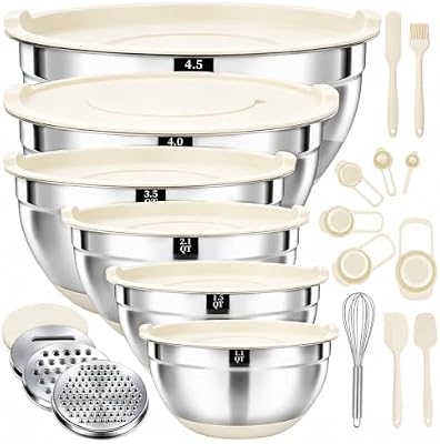 21 PCS Khaki Mixing Bowls with Lids Set, Size 4.5, 4, 3.5, 2.1, 1.5, 1.1 Quarts for Baking and Mixing, Stainl… — view 2