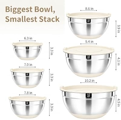 21 PCS Khaki Mixing Bowls with Lids Set, Size 4.5, 4, 3.5, 2.1, 1.5, 1.1 Quarts for Baking and Mixing, Stainl… — view 3