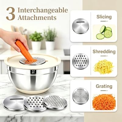 21 PCS Khaki Mixing Bowls with Lids Set, Size 4.5, 4, 3.5, 2.1, 1.5, 1.1 Quarts for Baking and Mixing, Stainl… — view 4
