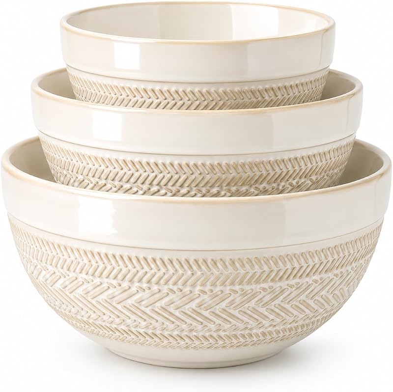 Ceramic Mixing Bowls Set of 3, Large Nesting Serving Bowls