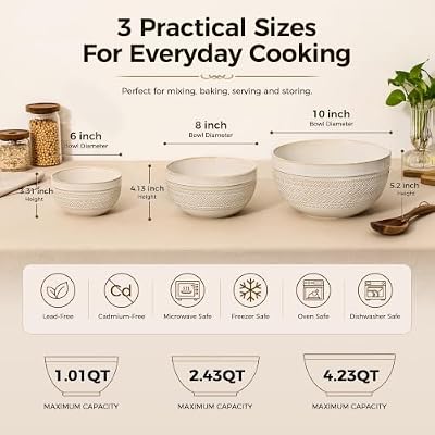 Ceramic Mixing Bowls Set of 3, Large Nesting Serving Bowls — view 3