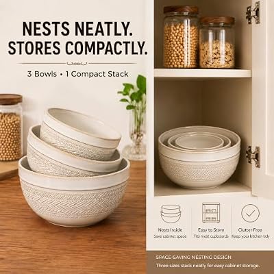 Ceramic Mixing Bowls Set of 3, Large Nesting Serving Bowls — view 4
