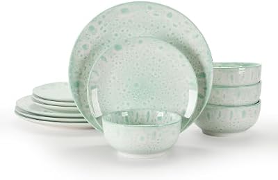 Sweejar 12 Pcs Speckled Glaze Ceramic Dinnerware Set for 4, Mint Green — view 2