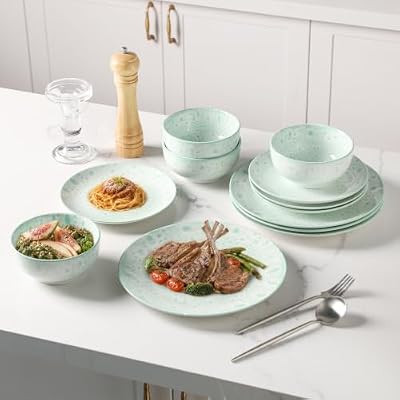 Sweejar 12 Pcs Speckled Glaze Ceramic Dinnerware Set for 4, Mint Green — view 3