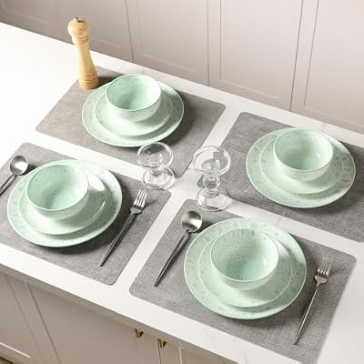 Sweejar 12 Pcs Speckled Glaze Ceramic Dinnerware Set for 4, Mint Green — view 4