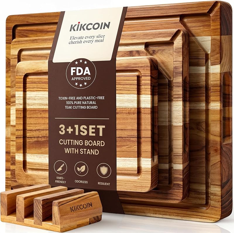 Kikcoin Teak Wood Cutting Board for Kitchen with Storage Stand, Pre-Oiled Wooden Cutting Board Set of 3, Larg…