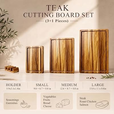Kikcoin Teak Wood Cutting Board for Kitchen with Storage Stand, Pre-Oiled Wooden Cutting Board Set of 3, Larg… — view 3