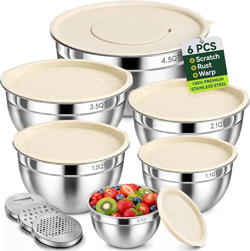 Stainless Steel Mixing Bowls: 6 Nesting Bowls with Lids & 3 Graters