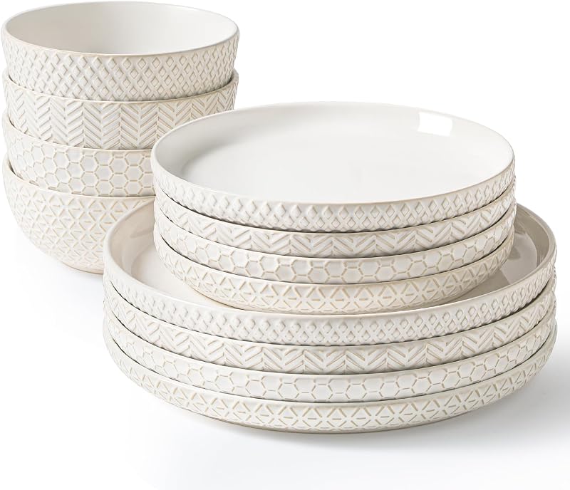 12-Piece Embossed Ceramic Dinnerware Set, Plates and Bowls Set