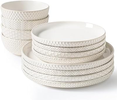 12-Piece Embossed Ceramic Dinnerware Set, Plates and Bowls Set — view 2