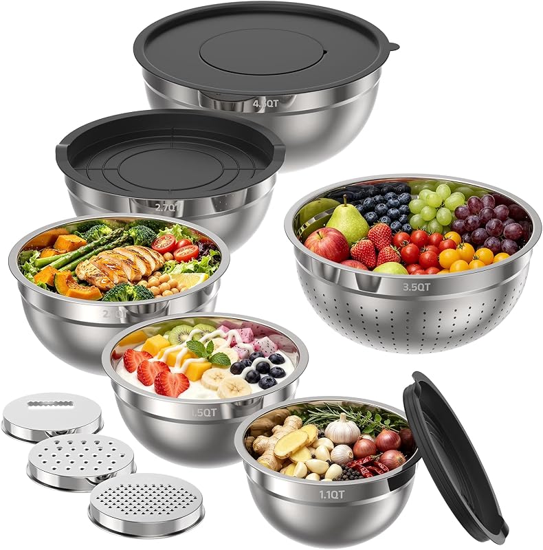HOMETALL Stainless Steel Mixing Bowls with Lids Set & Colander(6PCS)