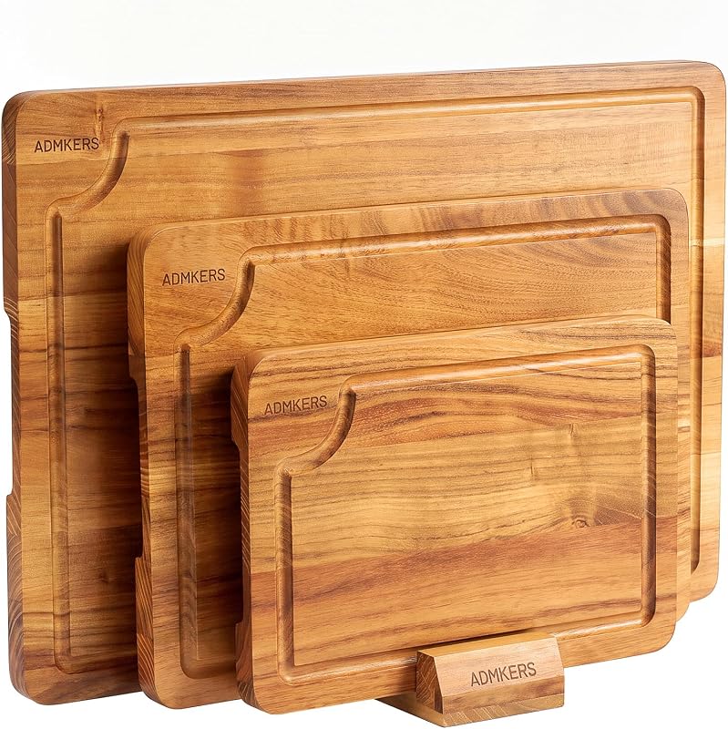 Teak Wood Cutting Board for Kitchen with Storage Stand, (Set of 3)